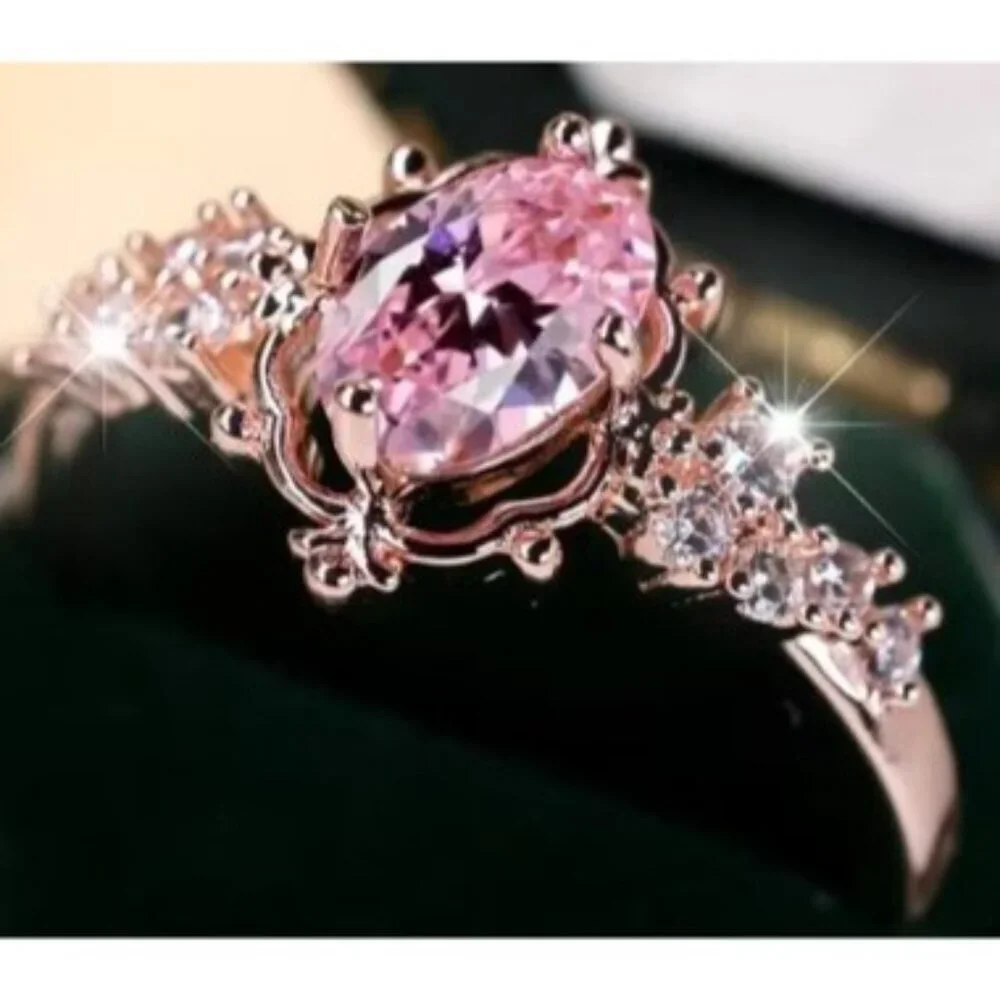 Oval Cut Pink Sapphire & Moissanite Engagement Bridal Ring in rose gold